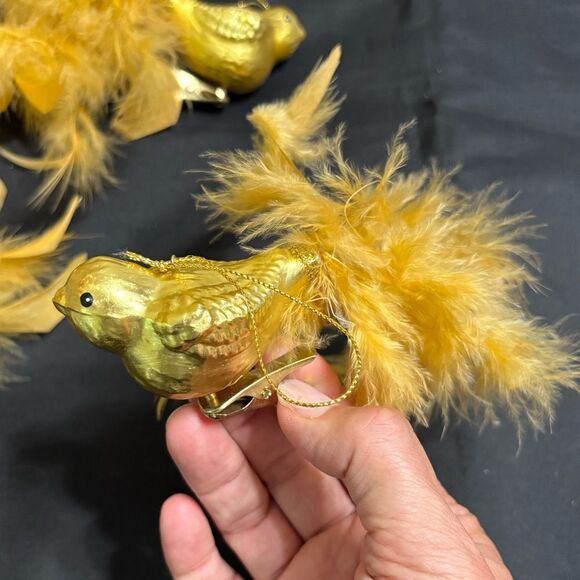 Set of Four Gold Bird Glittery Clip on Glass Ornaments with Feathers - Picture 4 of 8